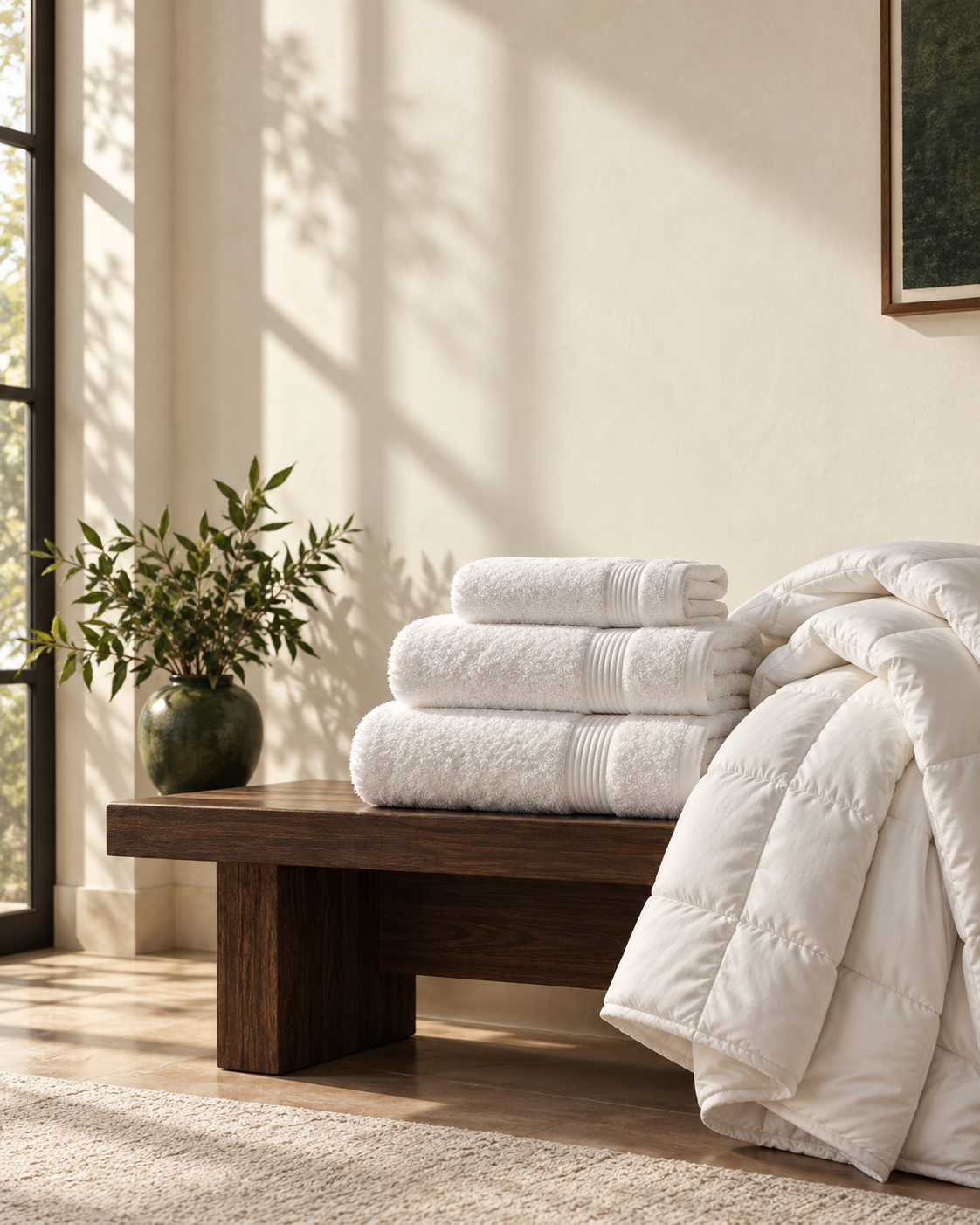 Plush cotton towels and a quilted comforter arranged in a warm interior