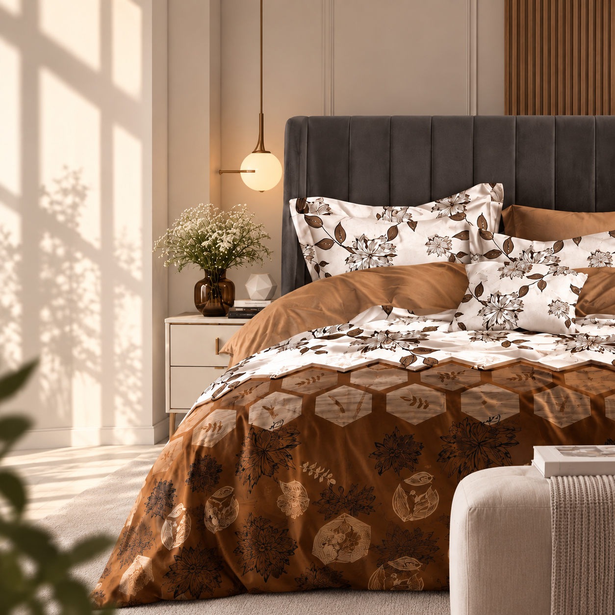 Floral Monte Carlo Home bedding styled in a warmly lit bedroom