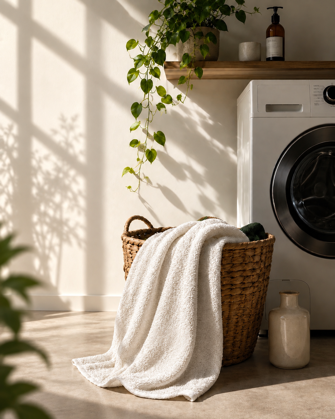 White textured home textile draped over a laundry basket in warm sunlight
