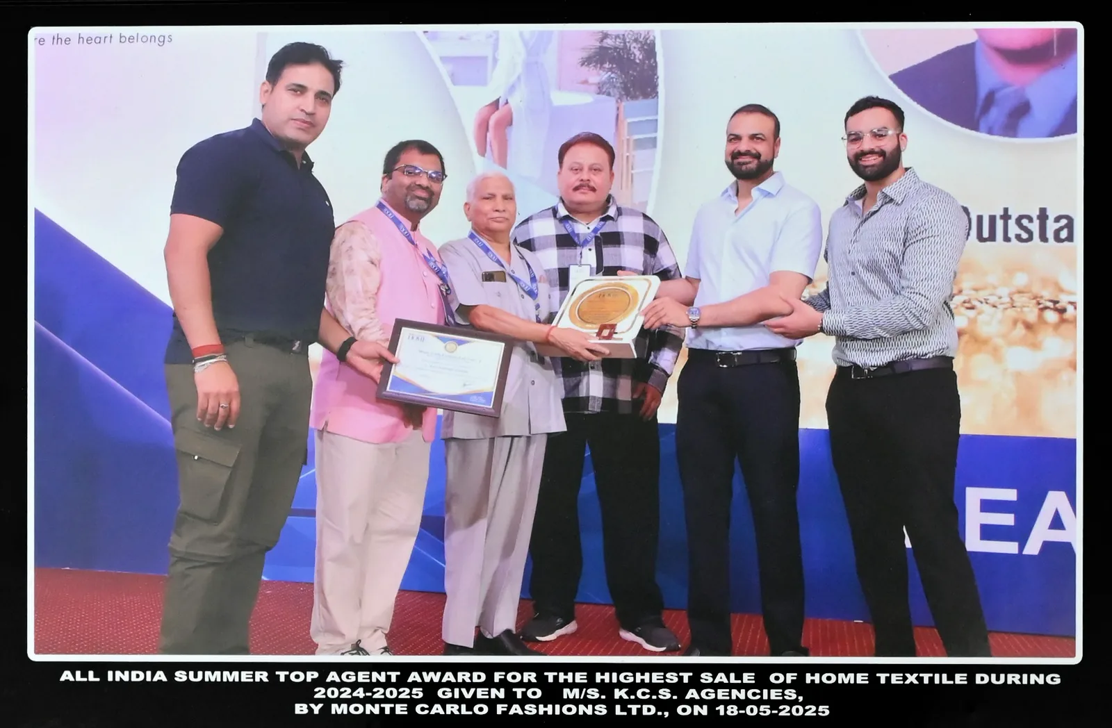 KCS Agencies receiving the All India Summer Top Agent Award for 2024–2025 from Monte Carlo Fashions Ltd.