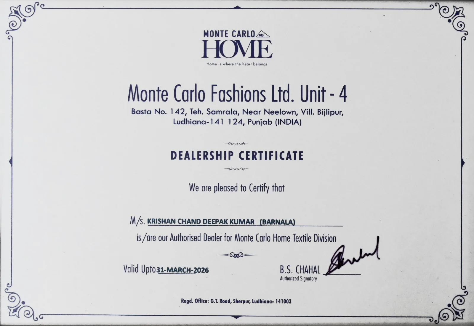 Historical Monte Carlo Home dealership certificate for Krishan Chand Deepak Kumar, Barnala