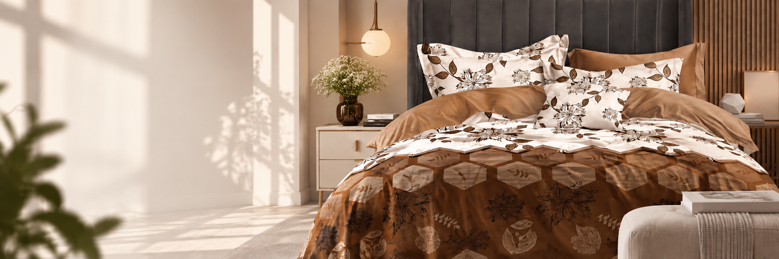 Monte Carlo Home floral bedding in a warmly lit bedroom