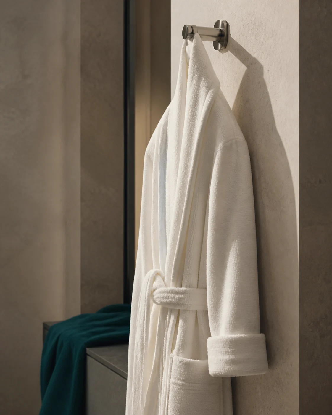 Ivory cotton bathrobe hanging in a calm architectural dressing room