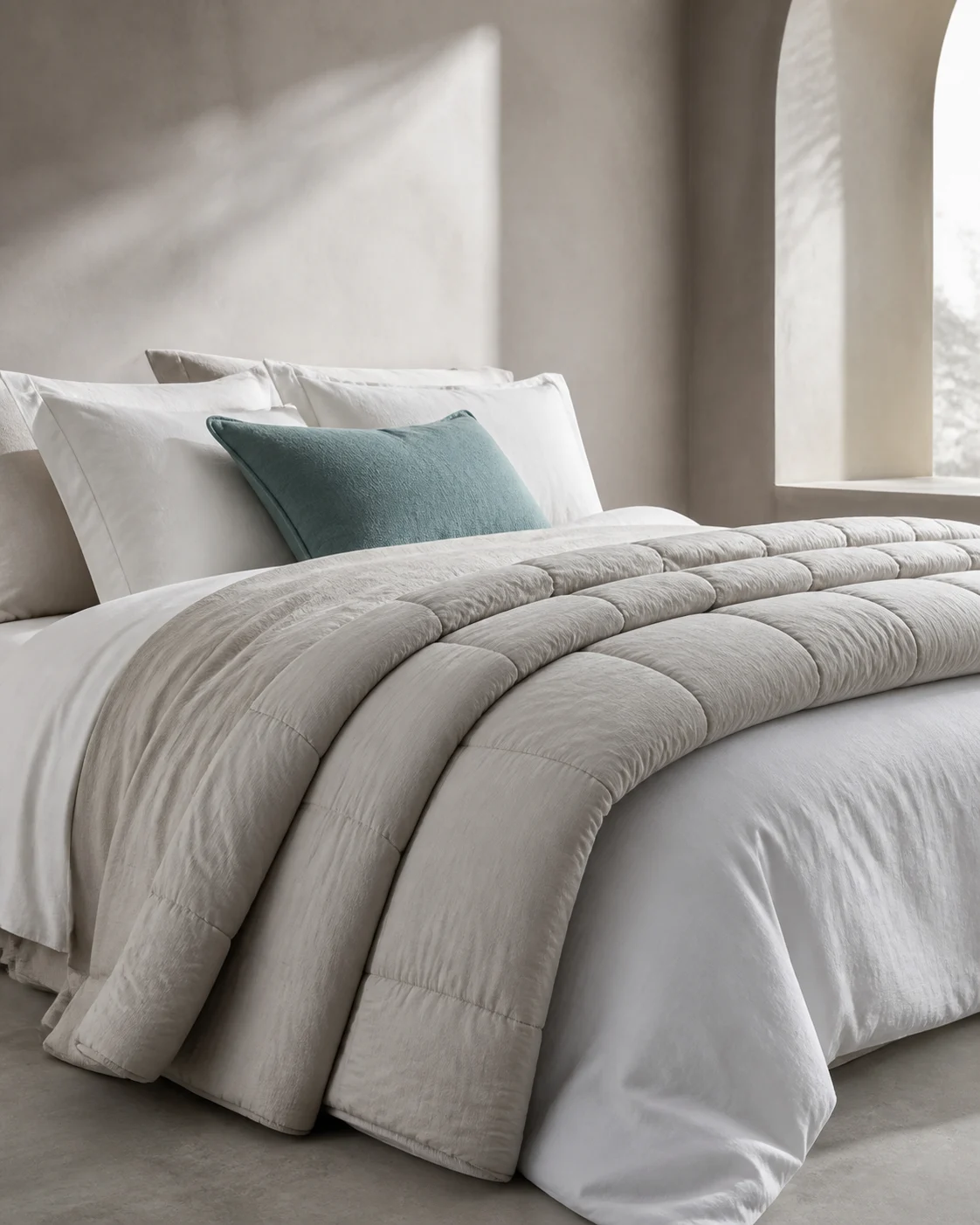 Layered ivory bedding and a quilted comforter in a sunlit bedroom