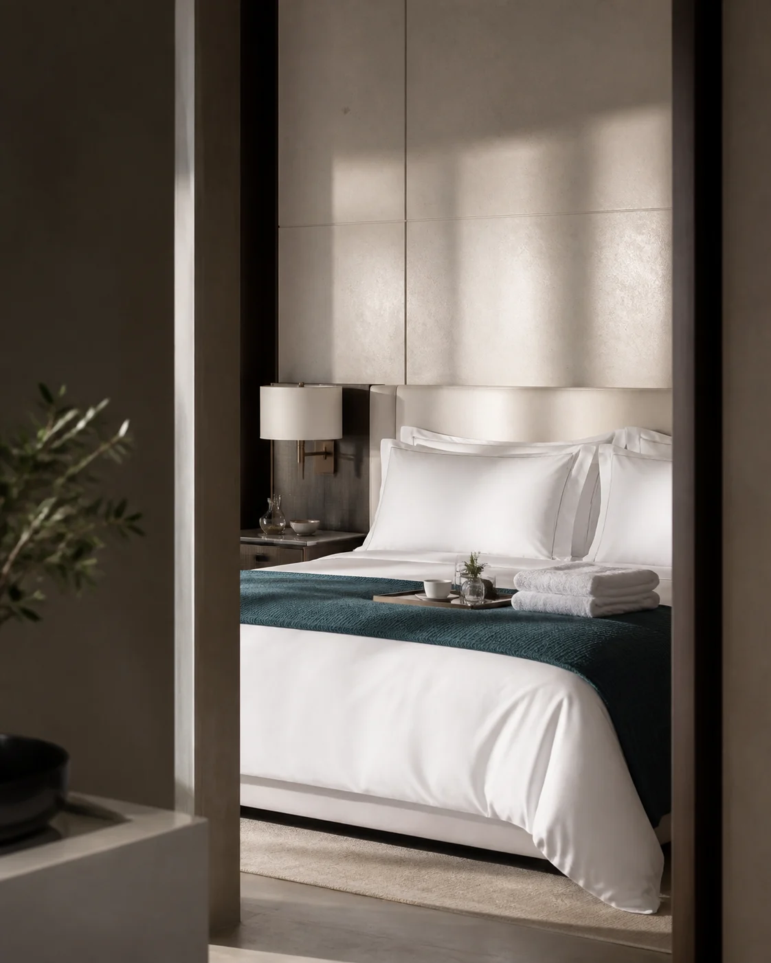 Quiet luxury hotel suite prepared with crisp white bedding and towels
