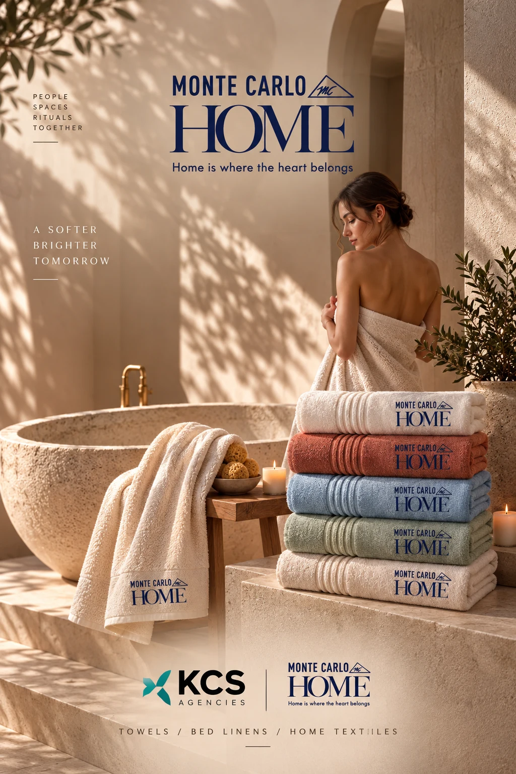Monte Carlo Home bathrobe and towel collection styled in a warm spa bathroom