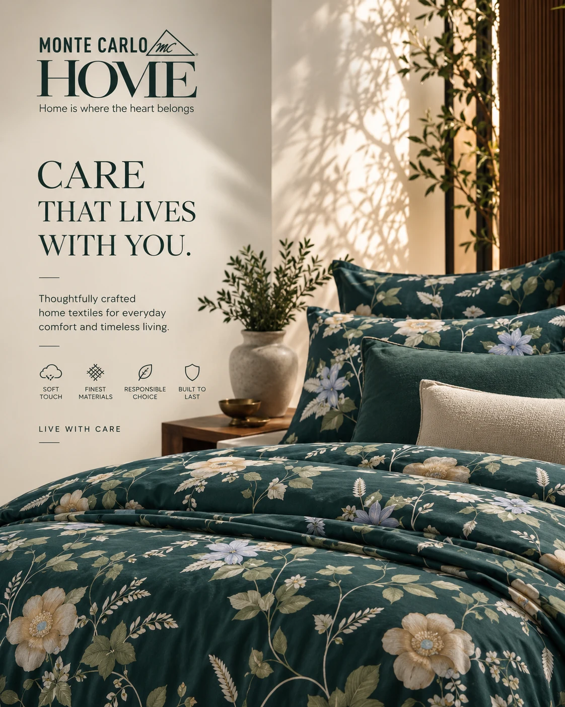 Monte Carlo Home floral bedding layered in a sunlit room