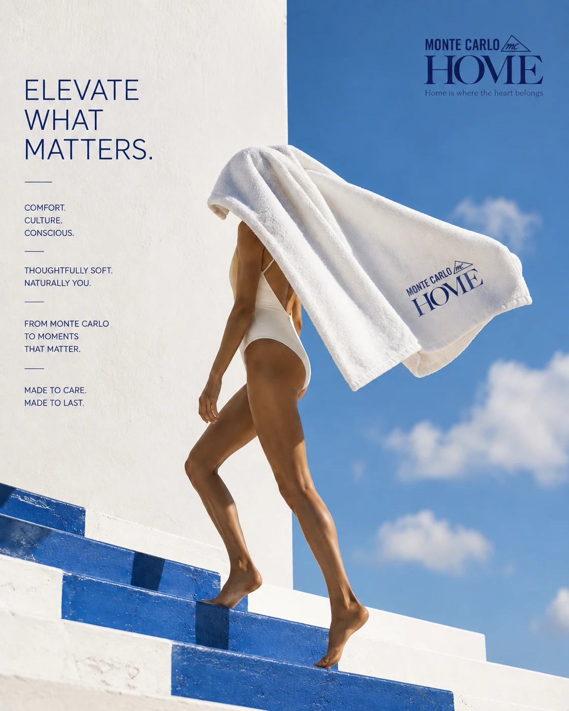 Monte Carlo Home white towel styled beside a blue pool under summer light