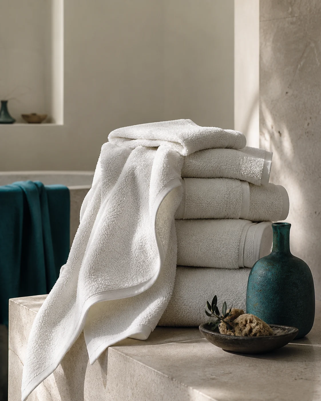 Luxury white towels arranged in a quiet stone bathroom
